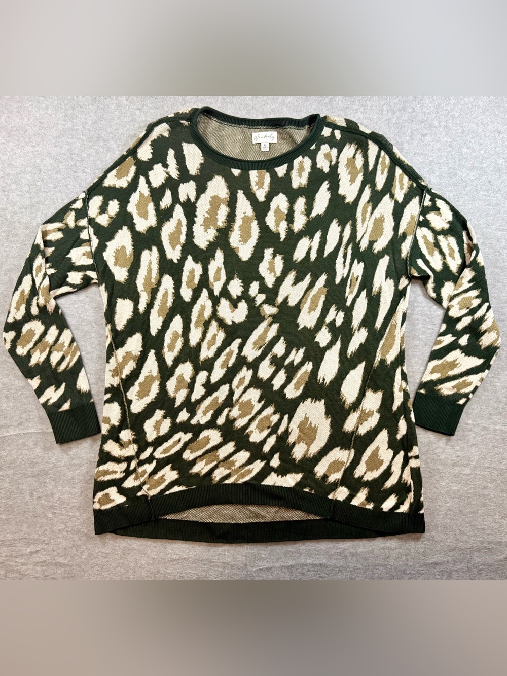 Wonderly Olive Green and Tan Leopard Crewneck Sweater